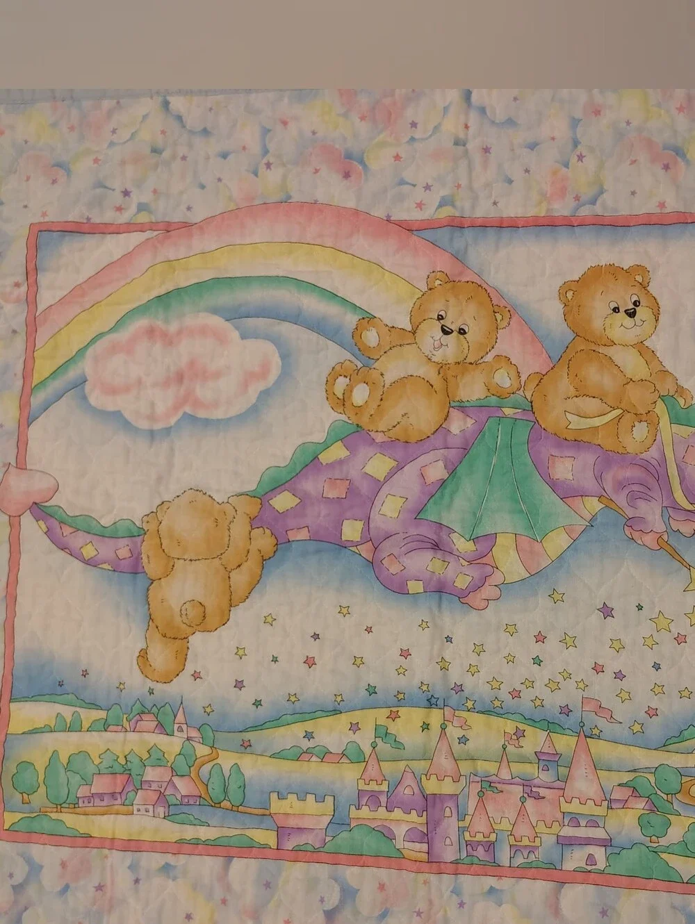 Vintage Whimsical Teddy Bears & Flying Dragon Baby Quilt With Pastel Colors